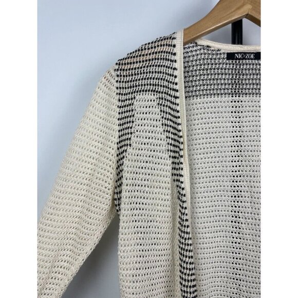 Nic + Zoe Cream Black Open Knit Linen Blend Wrap Cardigan Sweater Size XS - Picture 4 of 9
